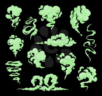Cartoon bad green smell, stench, stink smoke and toxic clouds isolated vector set. Disgusting stinky breathing, fart, spoiled rotten food odor. Curly fume trails, garbage vapor on black background