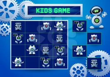 Sudoku kids game with robots, pinions and gears. Education game, logic block puzzle or riddle, vector memory maze or test with cartoon robots and droids, artificial intelligence bots, androids