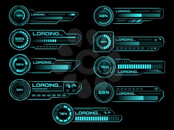 HUD futuristic loading process and status bars, vector interface icons. HUD loading bars on digital screen for future technology, load power and download bars for game dashboard panel UI