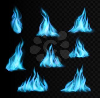 Natural gas burning blue flames and realistic fire light glow or energy blaze vector icons. Blue gas or burner stove fire flames with glow effect, natural burning flares or blue fireballs