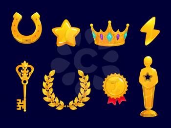Golden game assets wreath, star, horseshoe and crown, medal, key with lightning and award statue icons. Cartoon vector rate ui elements for app interface and score display, winner achievement symbols