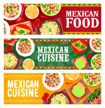 Mexican cuisine meals, restaurant dishes banners. Meat pepper, vegetable and chorizo taco salad, seafood and salmon ceviche, beef tortillas and guacamole nachos, tapas with bacon wrapped dates vector