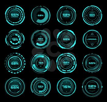 HUD futuristic loading bars of process and status interface vector icons. Digital technology panel with HUD downloading bars on neon screen or dashboard controls on display with percent status