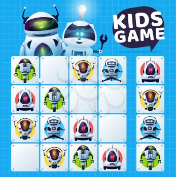Kids sudoku game with robots maze, vector education puzzle and logic riddle. Educational block game worksheet template with cartoon artificial intelligence robots and modern white android bots