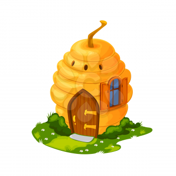 Fairy bee hive cartoon house or dwelling. Vector home of gnome, fairy or fairytale princess, fantasy house of magic forest or garden in shape of wild beehive with window, door and chimney
