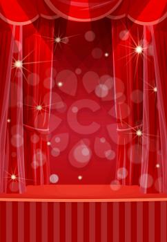 Red curtains on stage, circus or theater empty scene with open backstage portiere, spotlights and sparkles. Cartoon vector opera scene with drape, concert or cinema grand opening ceremony performance