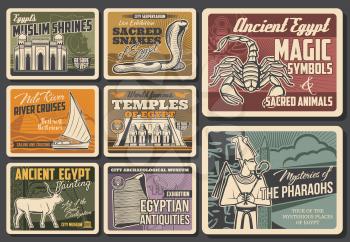 Egypt landmarks, history museum and culture symbols vector banners. Mosque, Abu Simbel temple and Egyptian obelisk, cobra, scorpion and sacred Buchis bull, god Osiris, Rosetta Stone and felucca boat