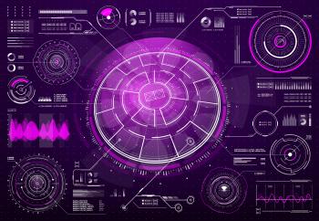HUD futuristic technology screen digital interface. Sci Fi user interface, future dashboard design with glowing pink neon light circle diagrams, vector infographics fluctuations graphs and waves