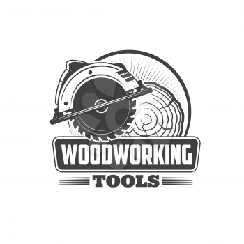 Woodworking tools, joiner and carpenter instruments, vector workshop icon. Wood carpentry jigsaw and sawmill work equipment shop, woodworker service, timber hardware and lumber tool