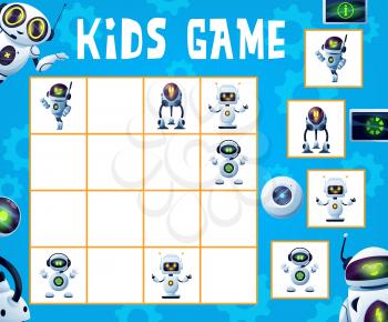 Robots sudoku game. Kids maze, logical riddle or educational puzzle, rebus for children with cute robots, alien drones with glowing eyes and funny androids cartoon vector characters