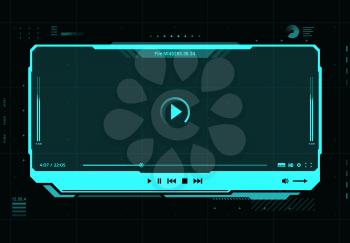 HUD video and sound player futuristic screen interface, vector multimedia play. HUD video or music web player, for audio media and online live streaming with pause player buttons, video frame