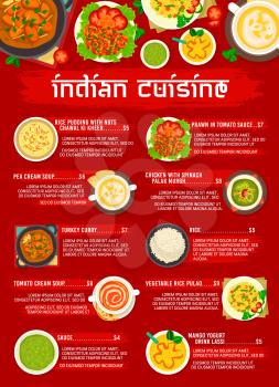 Indian cuisine menu page template. Mango yogurt Lassi, turkey curry and Chawal Ki Kheer, prawn in tomato sauce, tomato cream soup and vegetable rice Pulao, Palak Murgh chicken, rice and pea cream soup