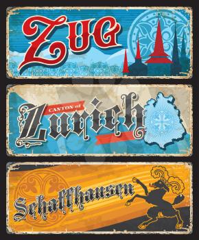 Zug, Zurich and Schaffhausen Swiss cantons vintage plates. Switzerland grunge vector tin plates with gothic typography, castle spires and region map, Schaffhausen coat of arms and flag billy goat