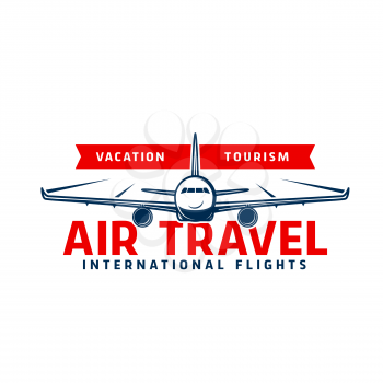 Air travel icon of vector plane flying in sky, airline flights, tourism, aircraft and aviation design. Blue airplane or jet of international airlines with motion trails and red ribbon isolated symbol