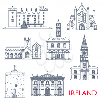 Ireland architecture landmarks and buildings, travel sightseeing vector icons. Munster Saint Trinity church, St Canice Cathedral, Black Abbey and Kilkenny castle, Tholsel City Hall and Reginald Tower