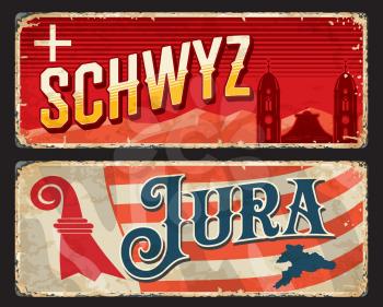 Schwyz and Jura Swiss cantons vintage plates. Switzerland regions retro vector tin sign. European trip grunge banners with canton flag and coat of arms symbols, Einsiedeln Abbey belfry and map