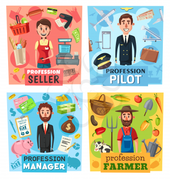 Farmer, seller, pilot and manager professions vector design with businessman or financial advisor, cashier, airman and farm worker. Retail, business, transportation, agriculture industry occupations