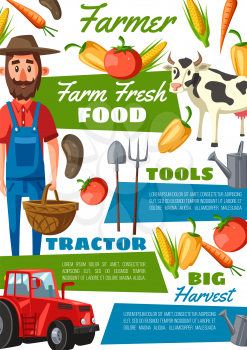 Farmer profession vector design of farm worker with cow animal, vegetables and gardener work tools. Man with hat, bucket and rake, tractor and watering can. Agriculture, dairy and cattle farming