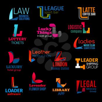 L letter icons of law legal business, sport league coffee bar and logistics company. Vector identity L signs of music club, flower shop or software electronic store and advocacy group