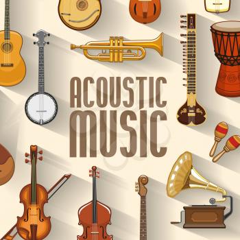 Musical instruments and sound band equipment. Vector maracas and banjo, jazz trumpet or saxophone and orchestra violin cello or contrabass, jembe drum and gramophone music instruments