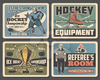 Vector ice hockey player with stick and puck on skates, goalkeeper and referee whistle, championship match cup. Ice hockey championship and professional sport equipment store, vintage retro posters
