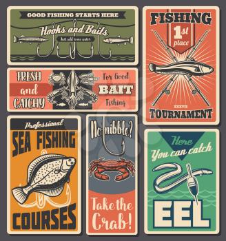 Fisher equipment tackles, rods and floats and lures shop, sea salmon and lake eel fishing sport tournament and fisherman hobby. Fishing sport, big fish catch retro vector posters