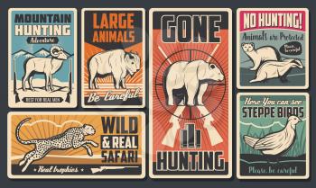Hunting open season, wild animals and African safari vintage retro posters. Vector mountain goat and raccoon, bison and sable, partridge, leopard and grizzly bear, buffalo, no hunting sign