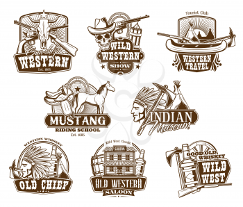 American Western icons, wild West show and rodeo riding school symbols. Vector Indigenous museum, Western travel club, whiskey bar saloon with longhorn and skeleton skull in cowboy hat