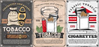 Vector smoking shop, cigar cutters, lighters and matches box with cigarette ashtray and tobacco leaf. Cigars, cigarettes and premium quality tobacco store vintage retro posters