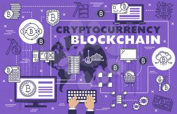 Bitcoin cryptocurrency, blockchain, digital money mining and payment technology. Vector cryptocurrency computer network, online banking and financial market, cryptocurrency web payments