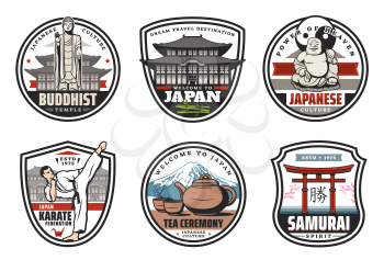 Japan tradition, culture and travel landmark icons. Vector signs of Buddhist religion temple and Buddha, samurai spirit and Torii gate, karate sport badge and tea ceremony