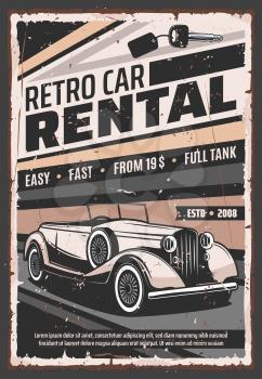 Retro vehicle rental service, old vintage cars advertising poster. Vector rarity vehicle vip luxury limousines and classic oldtimer cabriolet car rental company