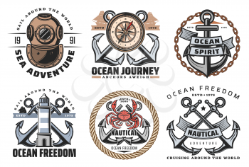 Vector marine heraldic symbols and labels of crossed anchors, lighthouse and vintage aqualung, compass and red giant crab. Ship anchor, ocean spirit and anchors aweigh quotes in maritime icons