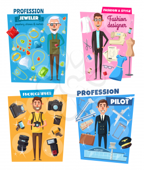 Pilot or flight attendant and jeweler, photographer and fashion designer, tailor professions. Vector people occupation in travel and civil aviation, jewelry and journalist or tailoring and dressmaking