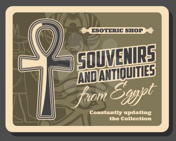 Ancient Egypt, travel souvenirs and historic antiquities, esoteric shop. Vector Egypt tourism and culture vintage retro poster with Anubis, Horus eye, scarab and Ankh cross symbol