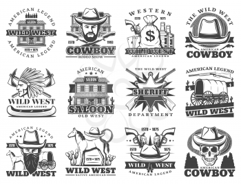 Wild West, cowboy and western isolated icons. Vector american legend saloon, sheriff department, revolver and pistol gun. Native Indian and horse, skull in hat, whiskey bottle and money bag, carriage
