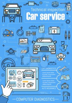 Vehicle service technical inspection, car computer diagnostic. Vector repair station, spare parts, auto insurance. Tire fitting and oil change, engine restoration, transport repairing and maintenance