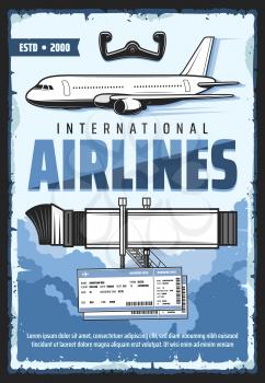 Movable passengers boarding ramp with ladder of airplane. Aircraft steering wheel and blue clouds in sky, tickets on voyage. International airlines, plane gangway and boarding pass vector