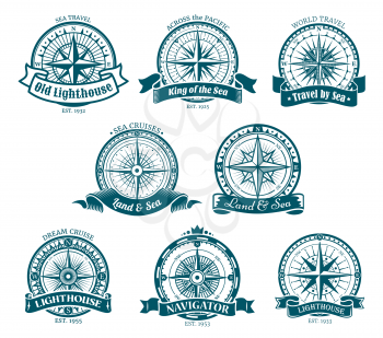 Wind rose navigation and orientation compass icons. Vector retro compass with directions South and West, North, East. Old lighthouse, world cruise travel, nautical cartography