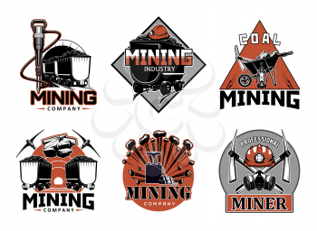 Mining industry, professional miner work tools isolated icons. Vector wheelbarrow and crossed picks, extraction of coal and metal, rock salt, precious stones. Carriage wagon with coal, miners helmet