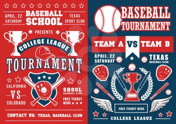 Baseball school tournament, bat and ball, champion trophy cup. Vector announcement poster, softball sporting items equipment. Catcher glove and prize with laurel branches