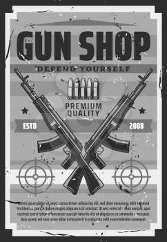 Gun shop, defend yourself retro ammunition store. Vector hunting equipment, shooting weapon, targets or aims and gunshot bullets. Vintage store sale rifles and revolvers, self defense and protection