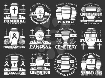 Funeral ceremony and cremation service, cemetery and funerary urns isolated icons. Vector burial agency, columbarium, crosses and tombs. Memory inscriptions, rest in peace, RIP and doves, graveyard