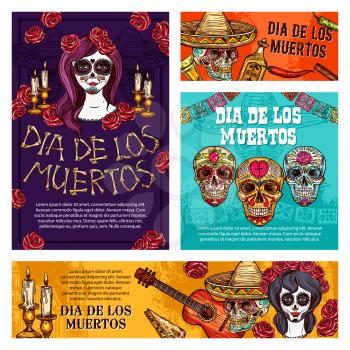 Day of the Dead mexican Halloween holiday skulls and Dia de Muertos Catrina sketches. Mexico festival skeletons with sombrero, rose flowers, guitar and candles, Latin American fiesta vector design