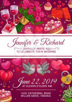 Wedding invitation vector design of marriage ceremony gifts, love hearts and chocolate cake. Flower bouquet, bride and groom rings, love letter envelope, present boxes, wine glasses and birds