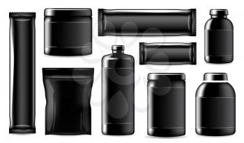 Sport nutrition containers and package mockup, realistic black templates. Vector isolated fitness and sport nutrition package, protein jar and training energy bar, BCAA powder and gainer drink bottle