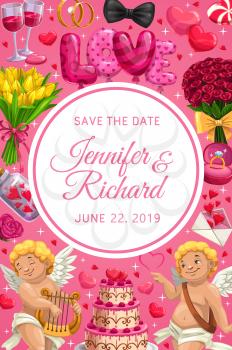 Wedding Save the Date card vector design. Love hearts, bride and groom rings, red balloons, flower bouquets and chocolate cake, Cupids, roses and tulips, love letter envelope, wine glasses and bow