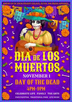 Day of the Dead, Dia de Los Muertos party invitation. Vector woman in Frida apparel with marigold flower and guitar. Female skeleton in hat and red necklace, bones and flowers, Mexican holiday