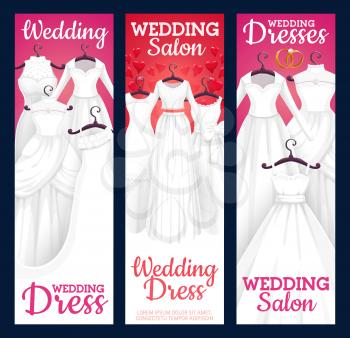 Wedding dresses boutique or showroom. Vector bride tailor salon, engagement and marriage party bridal gowns with laces and bow. Wedding dress on hangers, preparations to party, shop advertisement