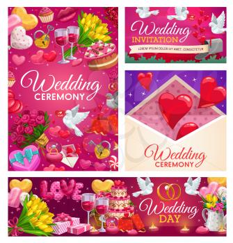 Wedding gifts, love hearts, bride and groom rings vector invitations and greeting cards. Chocolate cakes, love letter and balloons, rose flower bouquet, dove birds and candies, present boxes and bows